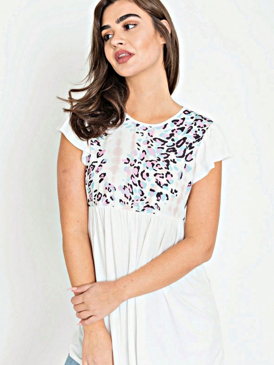 Ivory Leopard Panel Flutter Sleeve Tunic
