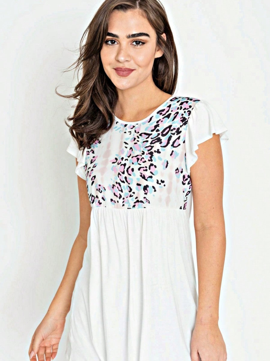 Ivory Leopard Panel Flutter Sleeve Tunic