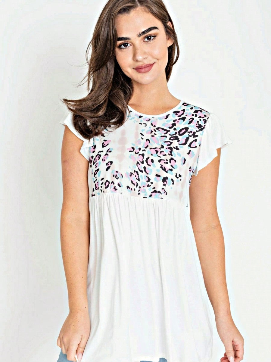 Ivory Leopard Panel Flutter Sleeve Tunic