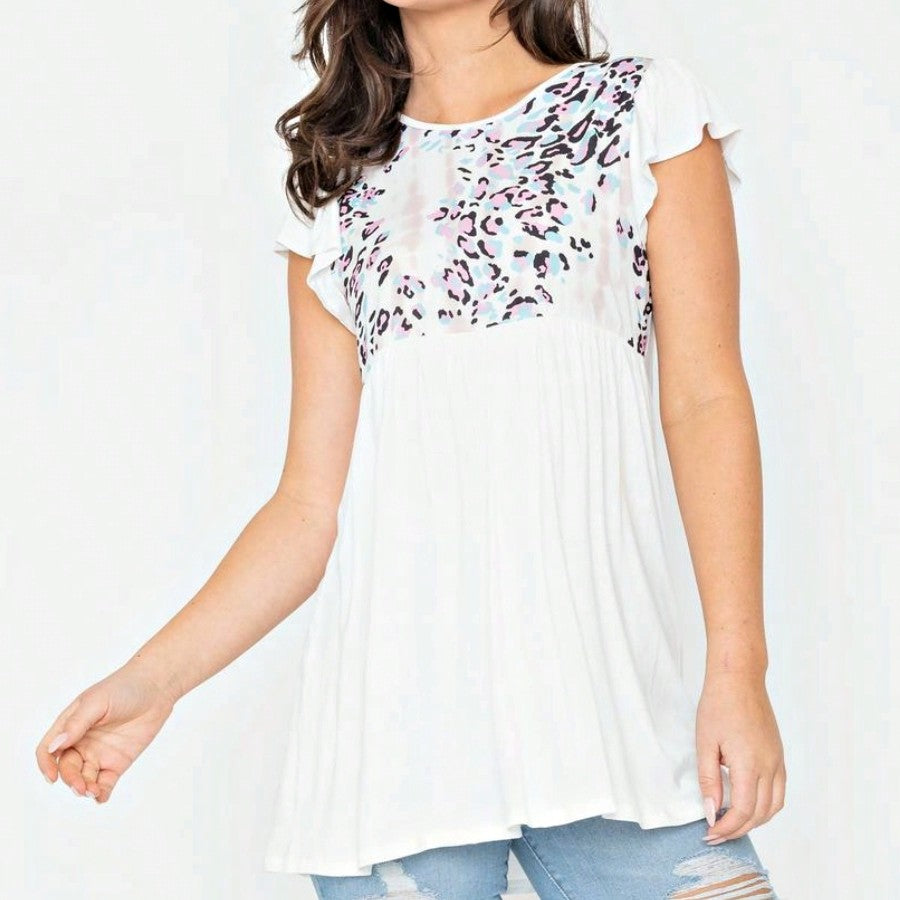 Ivory Leopard Panel Flutter Sleeve Tunic