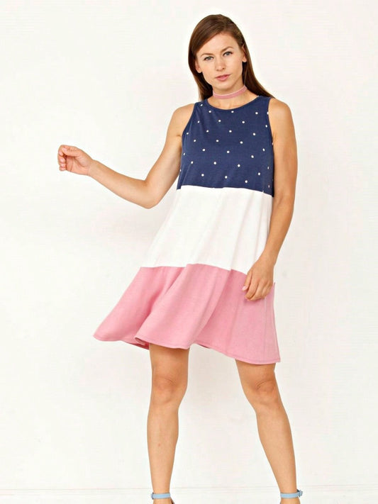 Boho Vintage Charcoal Navy Polka Dot & Pink Color Block Tiered Sleeveless Mini Dress Small To 3 XL Plus
