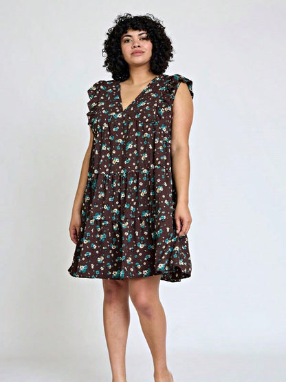 Vintage Boho Flutter Sleeve Summer Black Brown Pink Leopard Floral Shift Short Swing Aline Southern Dress | Small - 3 XL Plus