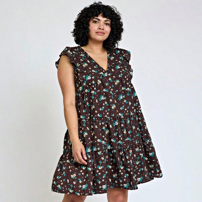 Vintage Boho Flutter Sleeve Summer Black Brown Pink Leopard Floral Shift Short Swing Aline Southern Dress | Small - 3 XL Plus