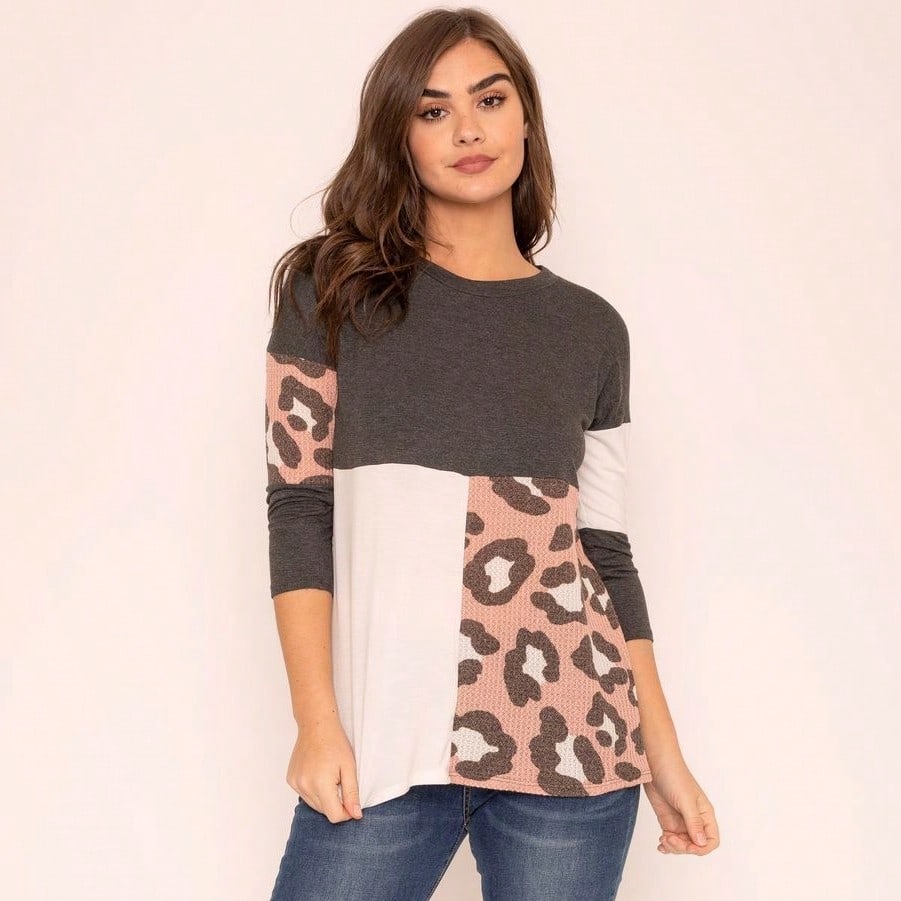 Black White Pink Mint Color Block 3/4 Sleeve Top Shirt Blouse | S-3X