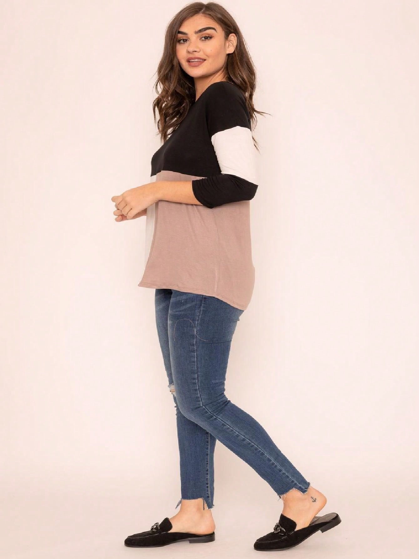 Black White Pink Mint Color Block 3/4 Sleeve Top Shirt Blouse | S-3X