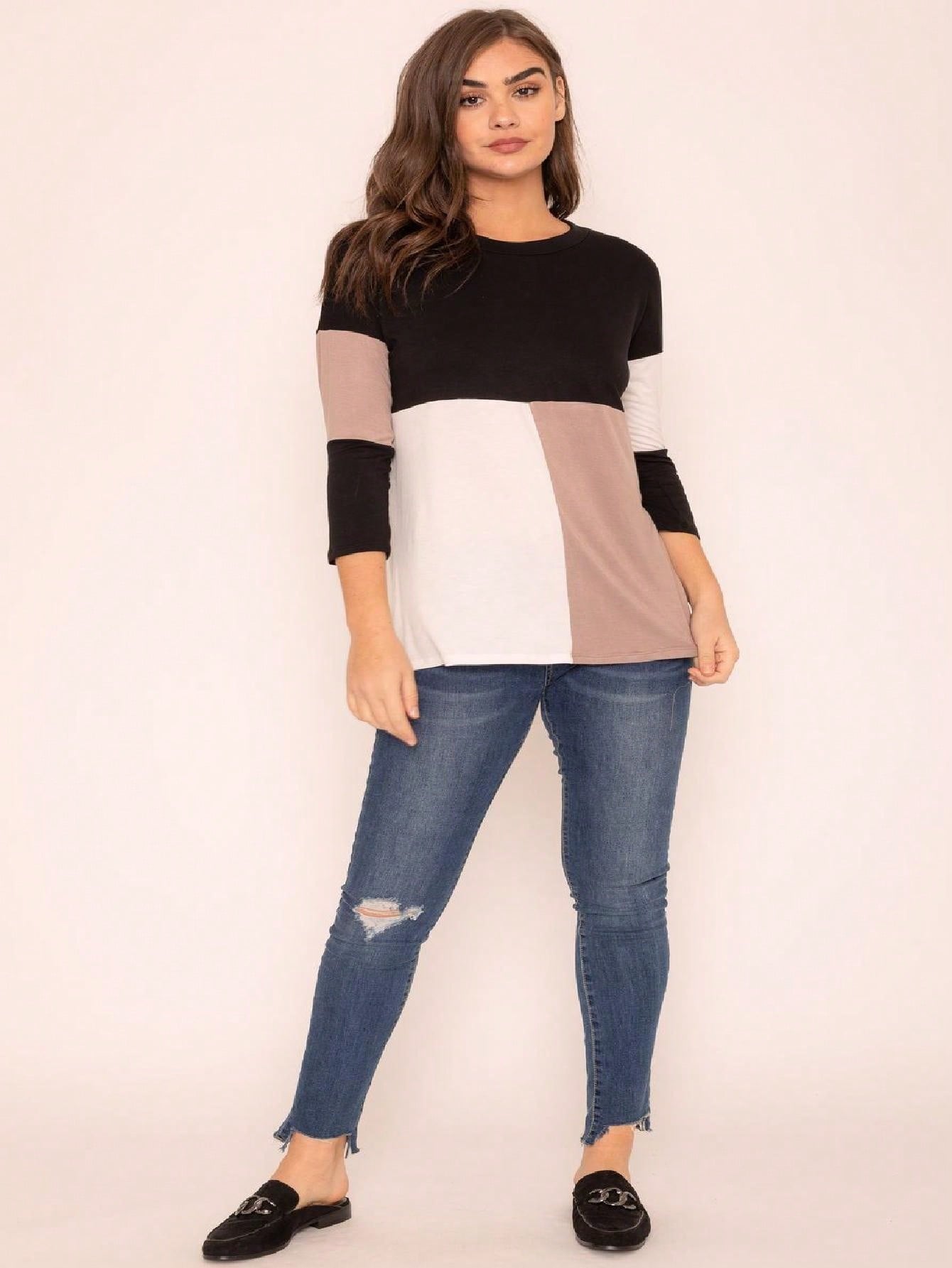 Black White Pink Mint Color Block 3/4 Sleeve Top Shirt Blouse | S-3X