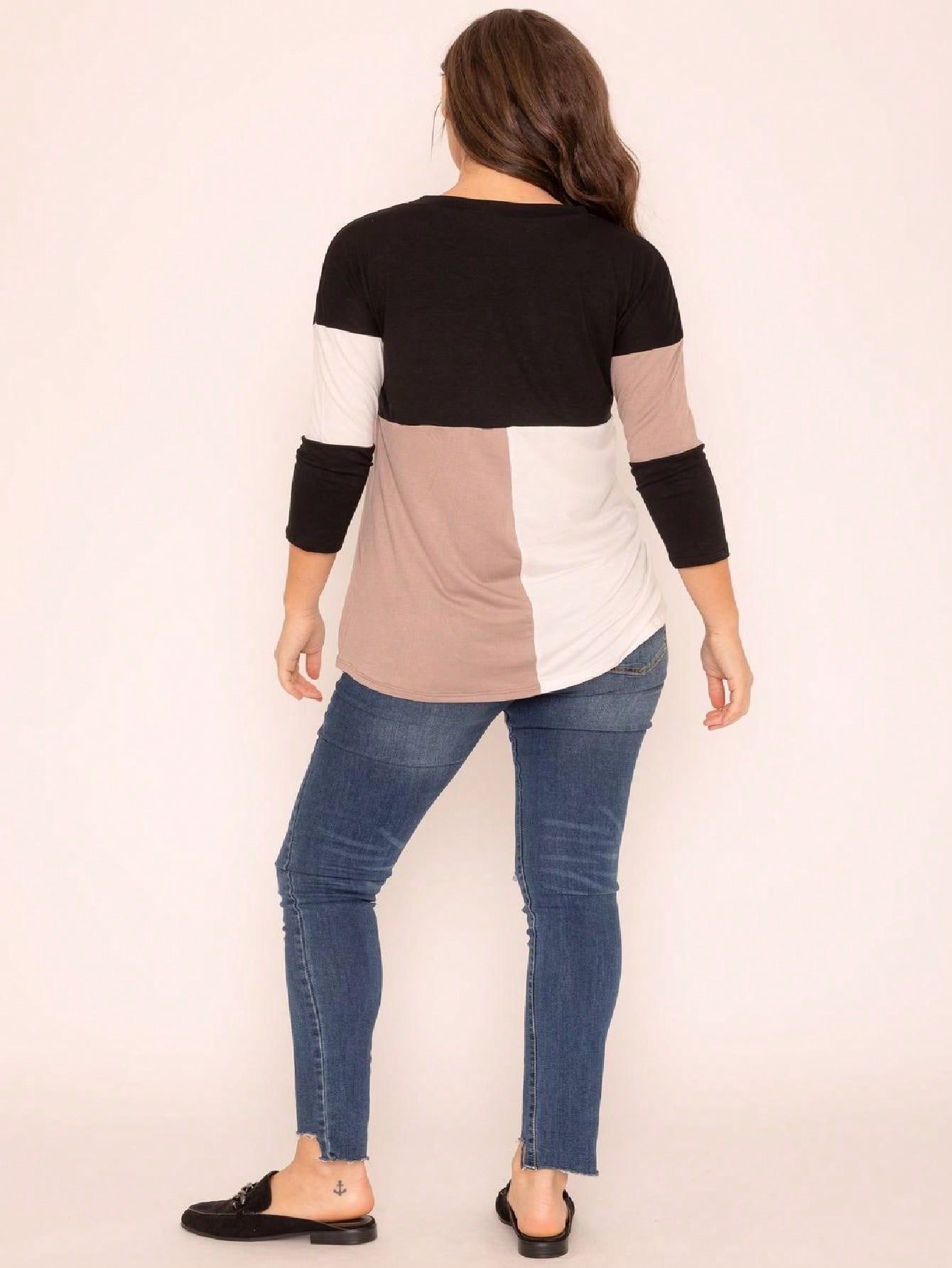 Black White Pink Mint Color Block 3/4 Sleeve Top Shirt Blouse | S-3X