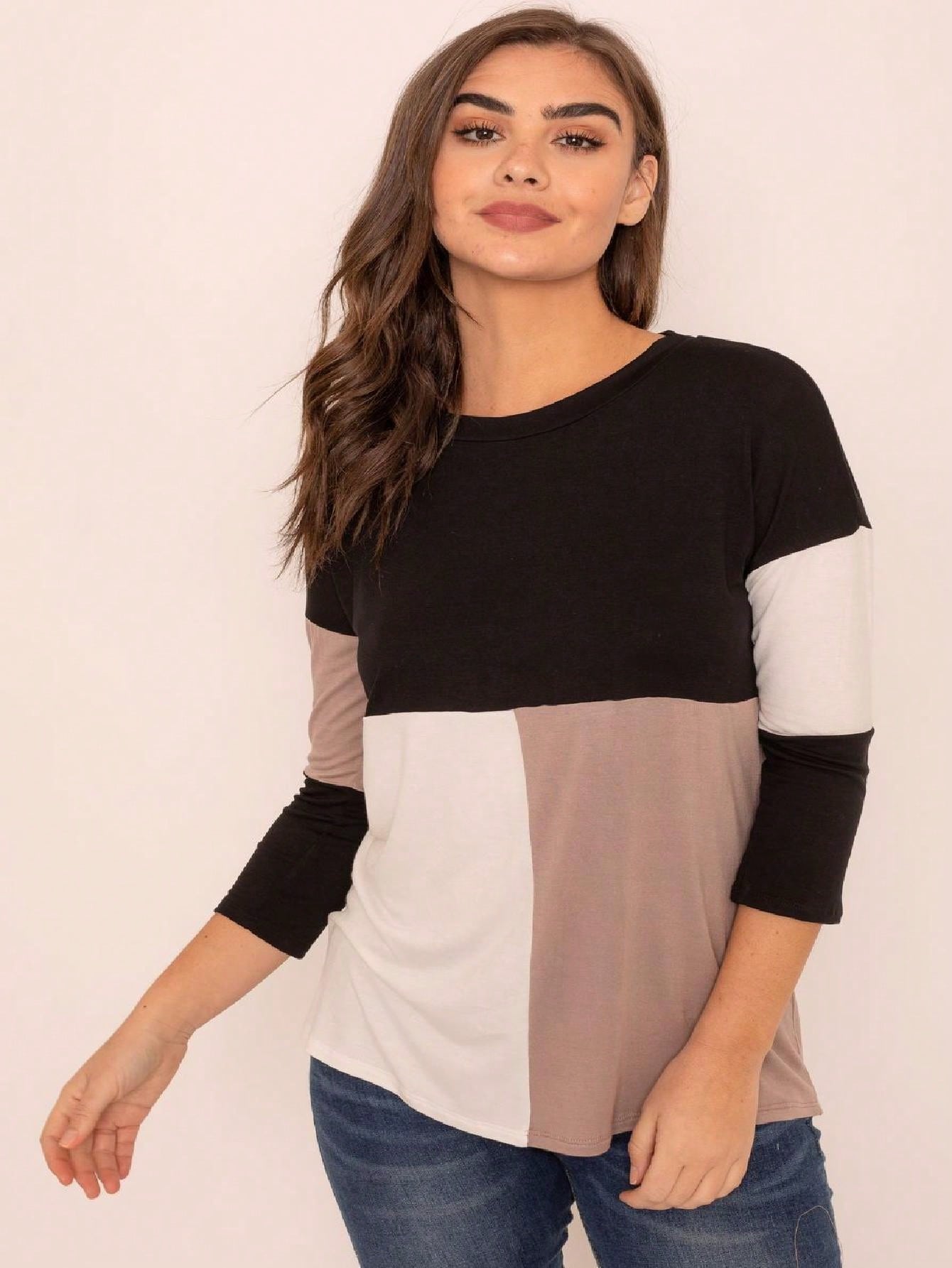 Black White Pink Mint Color Block 3/4 Sleeve Top Shirt Blouse | S-3X