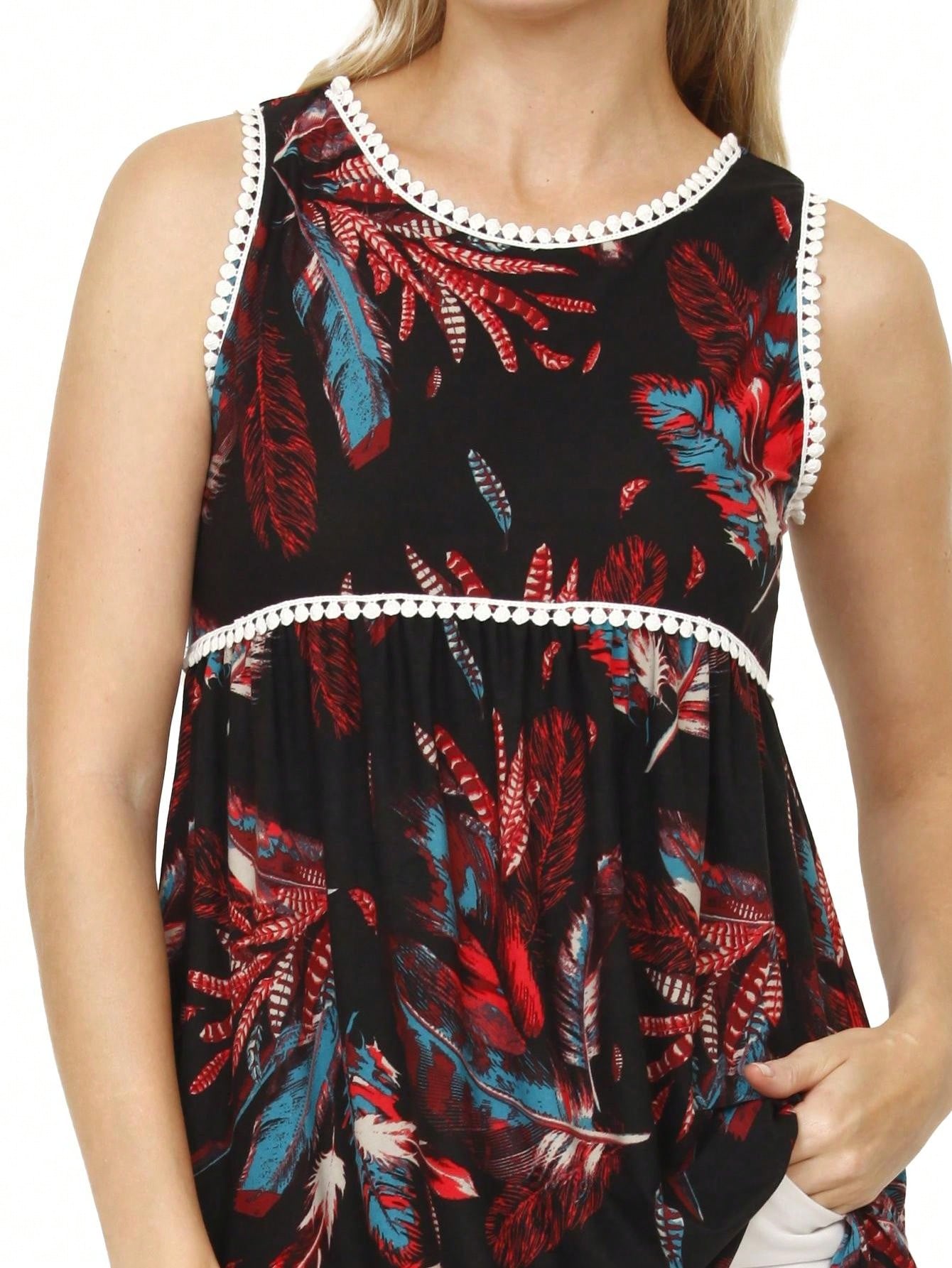 Summer/Spring Boho Vintage Pom Pom  Floral Feather Chevron Floral Baby Doll Sleeveless Top Blouse Tunic Small To 3 XL Plus