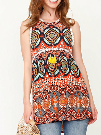 Summer/Spring Boho Vintage Pom Pom  Floral Feather Chevron Floral Baby Doll Sleeveless Top Blouse Tunic Small To 3 XL Plus