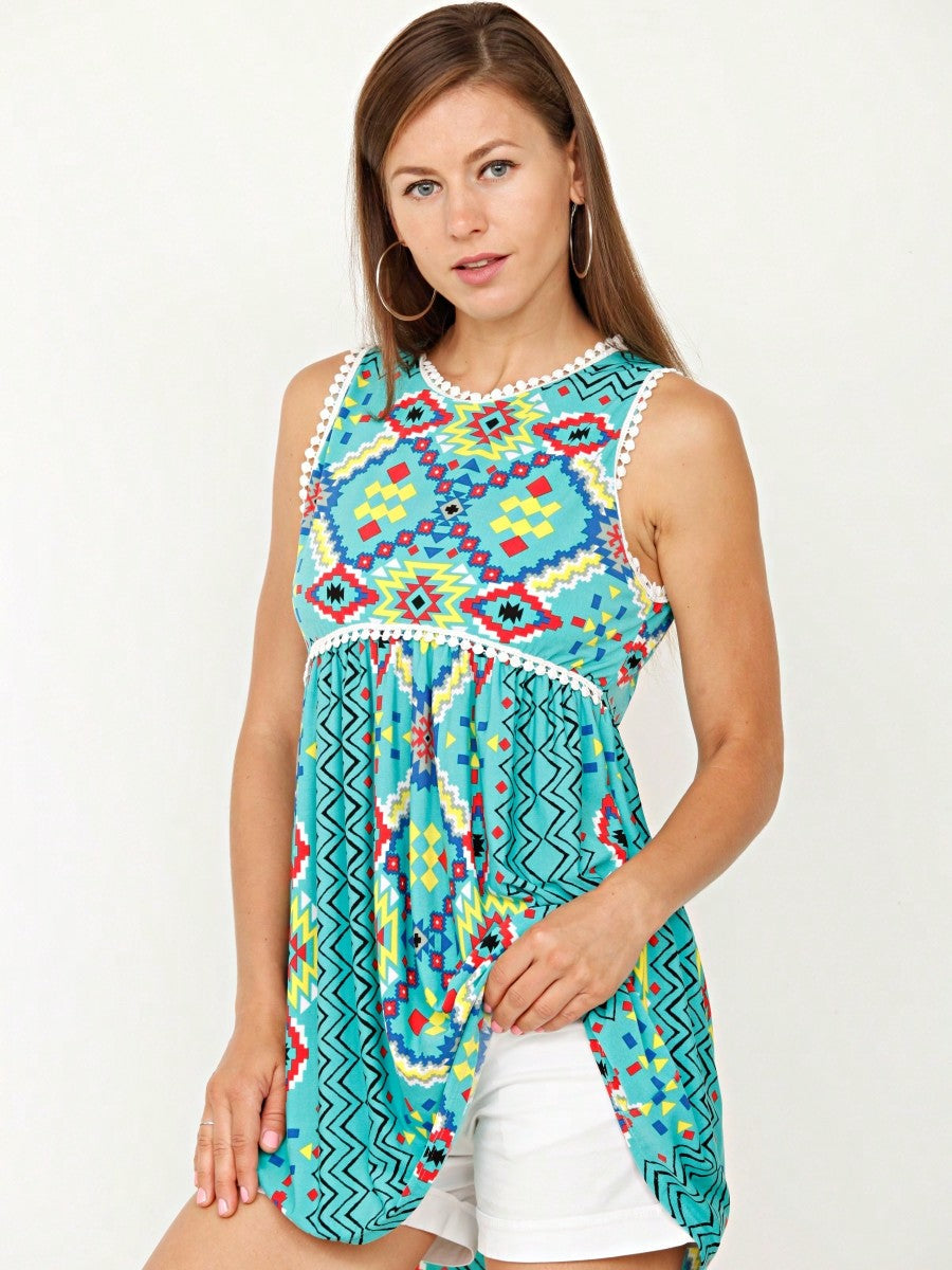Summer/Spring Boho Vintage Pom Pom  Floral Feather Chevron Floral Baby Doll Sleeveless Top Blouse Tunic Small To 3 XL Plus
