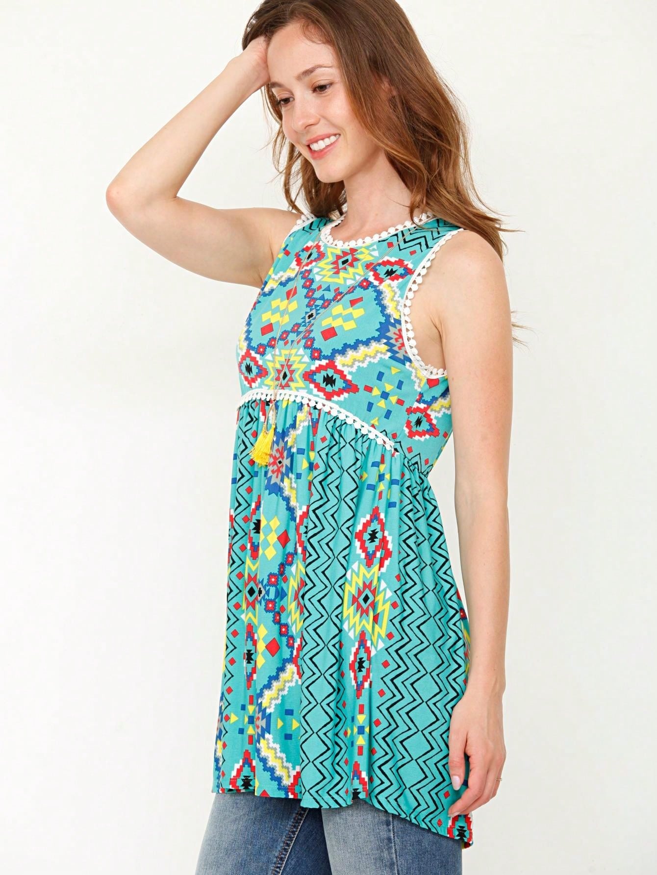 Summer/Spring Boho Vintage Pom Pom  Floral Feather Chevron Floral Baby Doll Sleeveless Top Blouse Tunic Small To 3 XL Plus