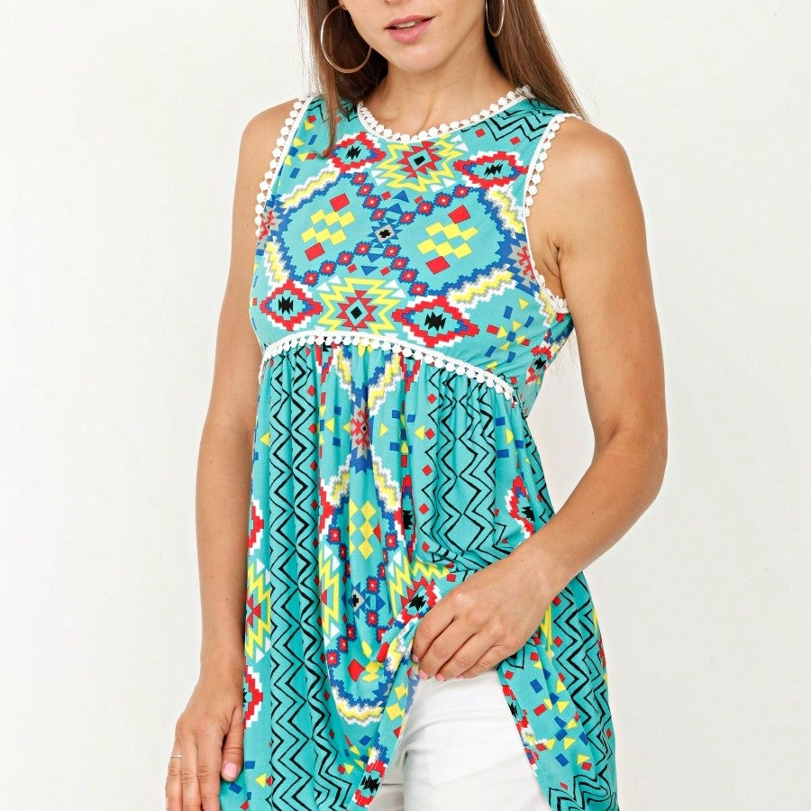 Summer/Spring Boho Vintage Pom Pom  Floral Feather Chevron Floral Baby Doll Sleeveless Top Blouse Tunic Small To 3 XL Plus