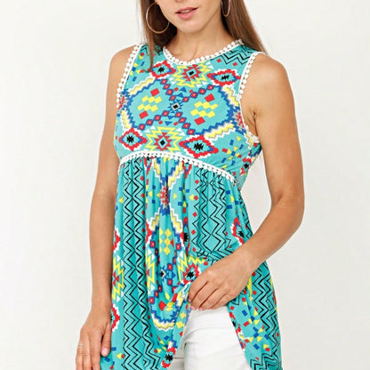 Summer/Spring Boho Vintage Pom Pom  Floral Feather Chevron Floral Baby Doll Sleeveless Top Blouse Tunic Small To 3 XL Plus