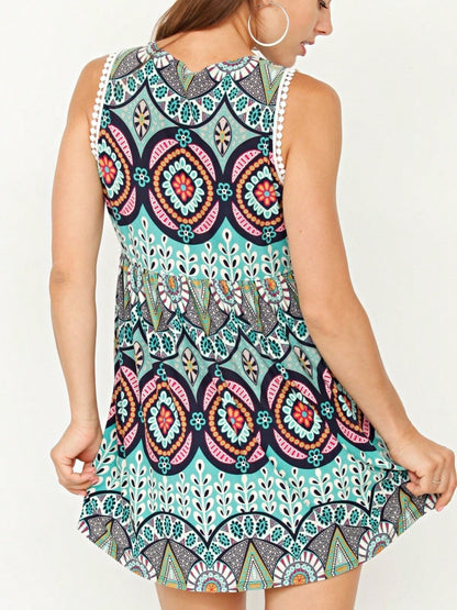 Summer/Spring Boho Vintage Pom Pom  Floral Feather Chevron Floral Baby Doll Sleeveless Top Blouse Tunic Small To 3 XL Plus