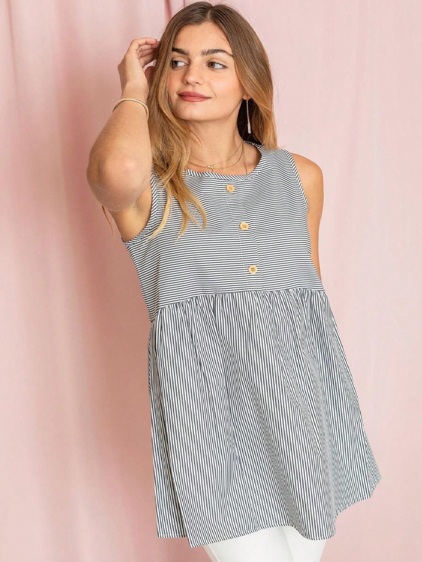 Summer Black Pink Stripe Button Detail Baby Doll Tunic Blouse Shirring Waist Top For Leggings  |  Small -3 XL
