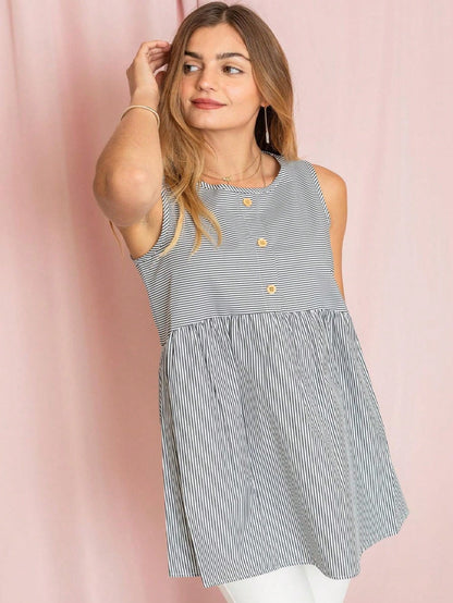 Summer Black Pink Stripe Button Detail Baby Doll Tunic Blouse Shirring Waist Top For Leggings  |  Small -3 XL