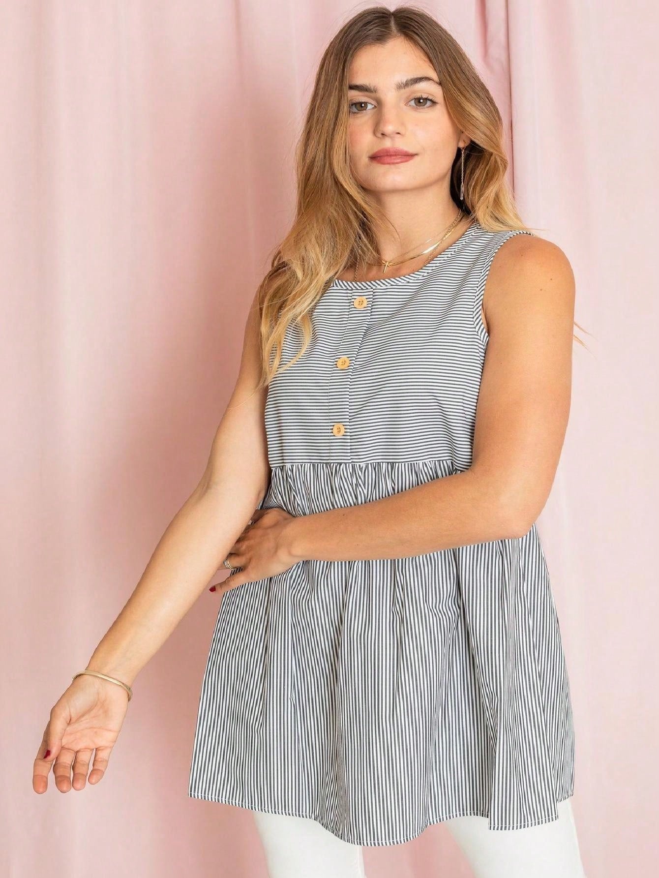 Summer Black Pink Stripe Button Detail Baby Doll Tunic Blouse Shirring Waist Top For Leggings  |  Small -3 XL