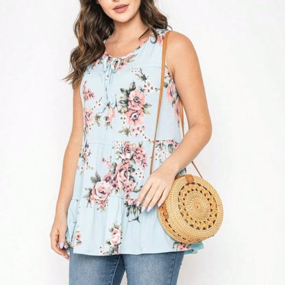 Summer Boho Flora Vintage Mint Burgundy Navy Tiered Key Hole Tie Front  Tunic Blouse Top For Leggings  |  Small -3 XL