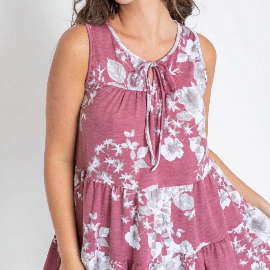 Summer Boho Flora Vintage Mint Burgundy Navy Tiered Key Hole Tie Front  Tunic Blouse Top For Leggings  |  Small -3 XL