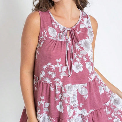 Summer Boho Flora Vintage Mint Burgundy Navy Tiered Key Hole Tie Front  Tunic Blouse Top For Leggings  |  Small -3 XL