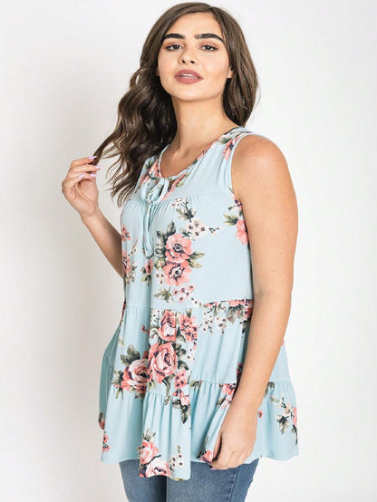 Summer Boho Flora Vintage Mint Burgundy Navy Tiered Key Hole Tie Front  Tunic Blouse Top For Leggings  |  Small -3 XL