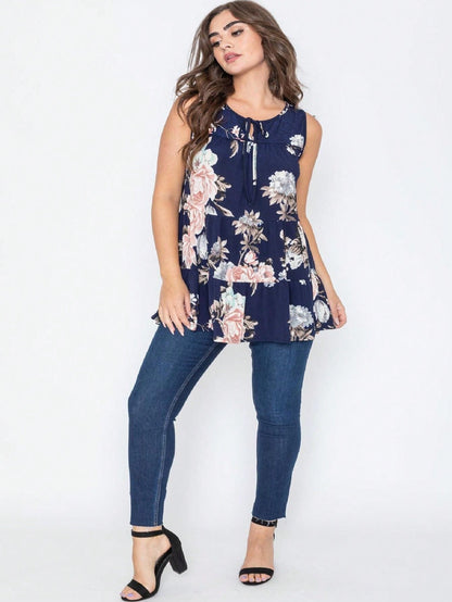 Summer Boho Flora Vintage Mint Burgundy Navy Tiered Key Hole Tie Front  Tunic Blouse Top For Leggings  |  Small -3 XL