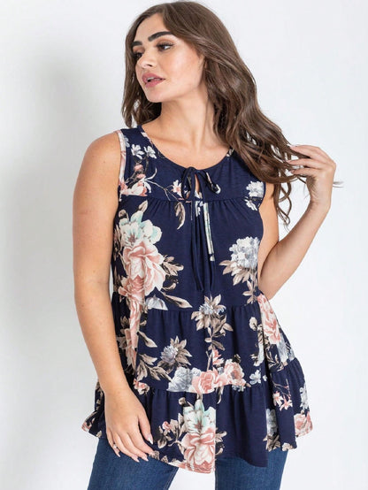 Summer Boho Flora Vintage Mint Burgundy Navy Tiered Key Hole Tie Front  Tunic Blouse Top For Leggings  |  Small -3 XL
