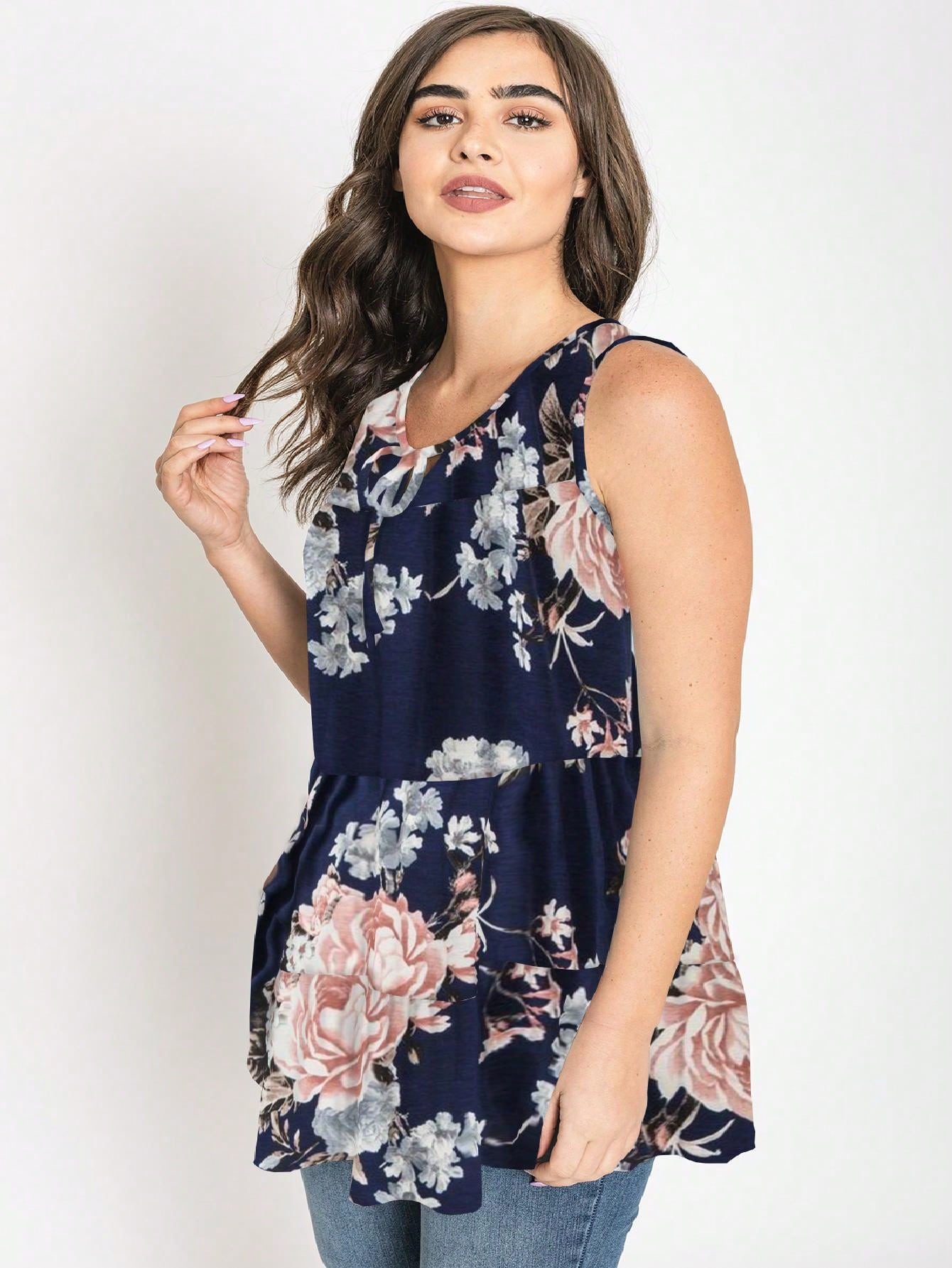 Summer Boho Flora Vintage Mint Burgundy Navy Tiered Key Hole Tie Front  Tunic Blouse Top For Leggings  |  Small -3 XL