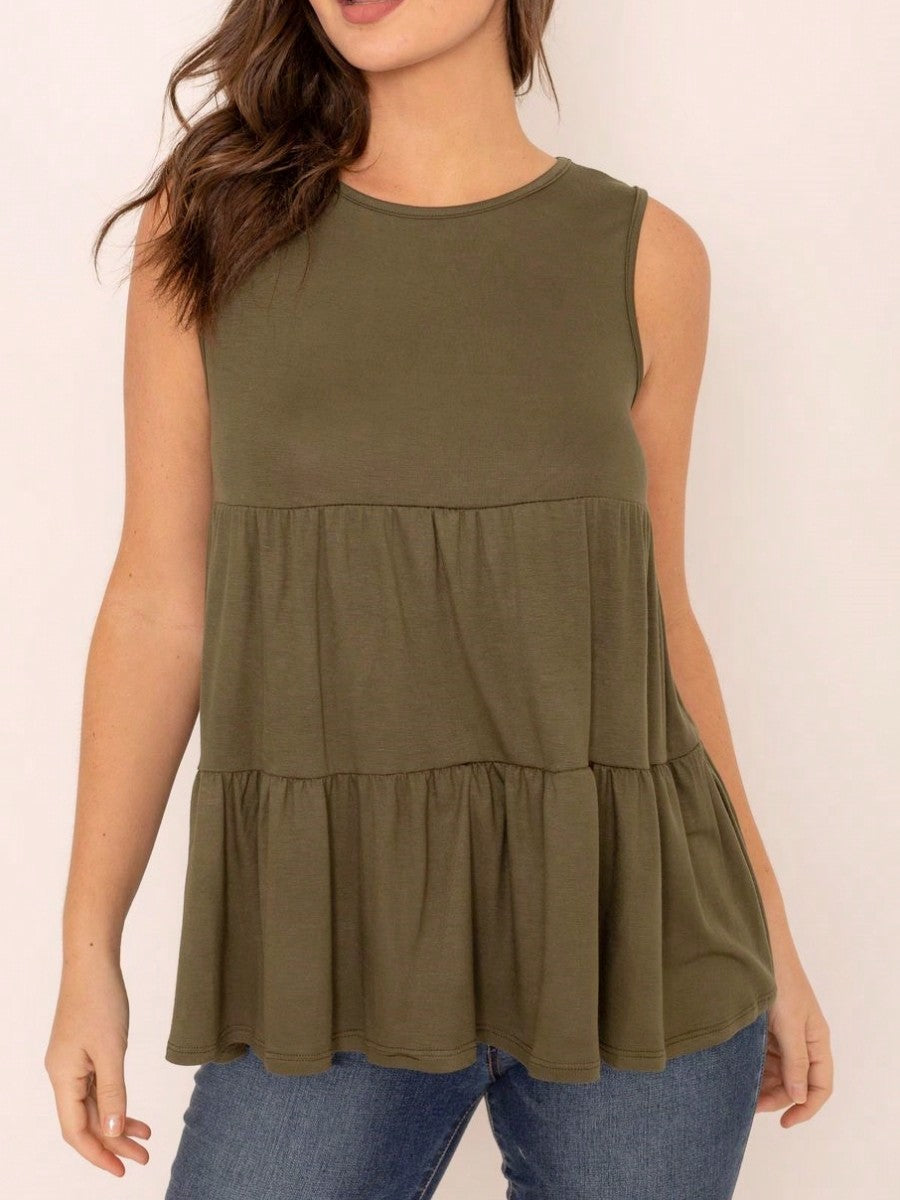 Summer/Spring Solid Green Olive Black Burgundy Charcoal Navy Tiered Top Blouse Tunic Small To 3 XL Plus