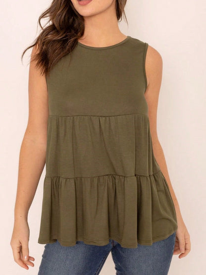 Summer/Spring Solid Green Olive Black Burgundy Charcoal Navy Tiered Top Blouse Tunic Small To 3 XL Plus