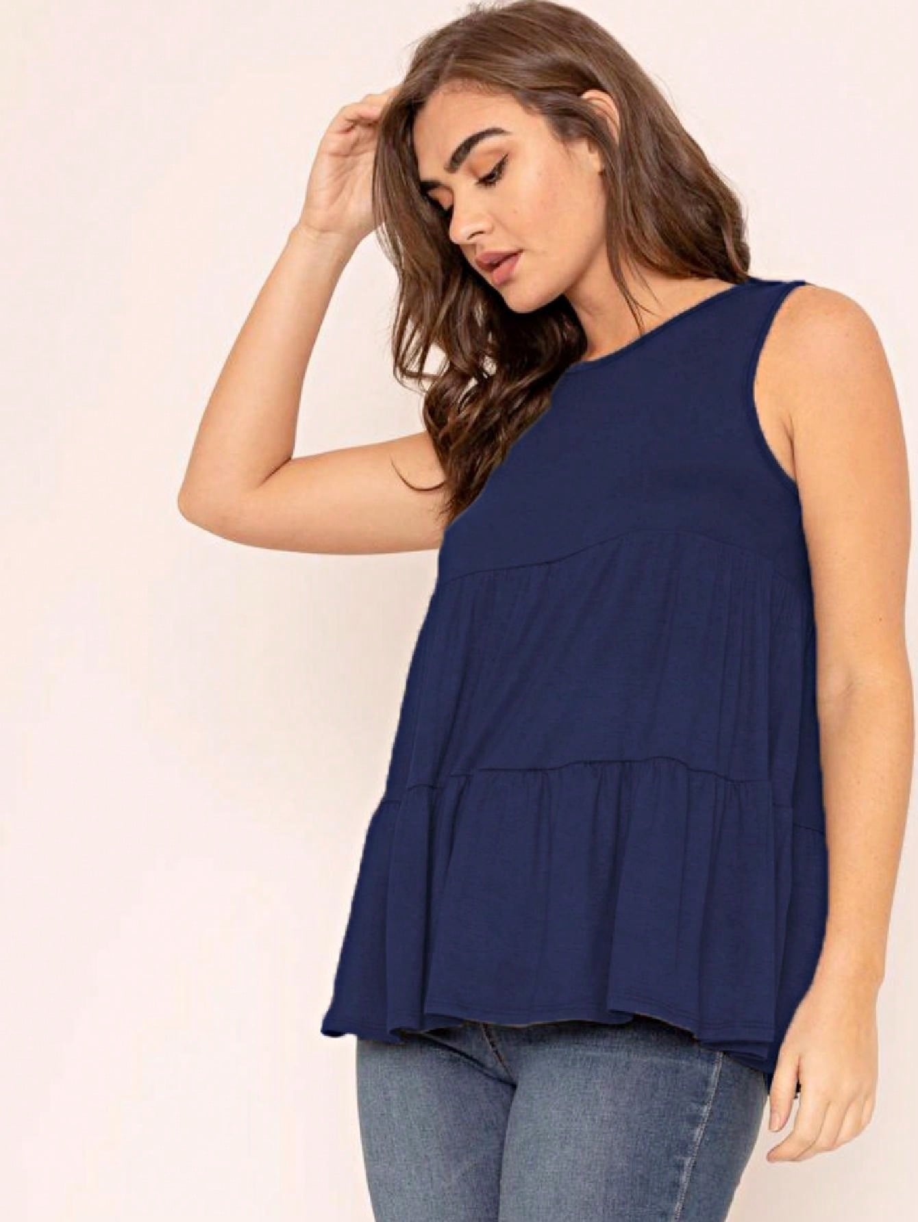 Summer/Spring Solid Green Olive Black Burgundy Charcoal Navy Tiered Top Blouse Tunic Small To 3 XL Plus