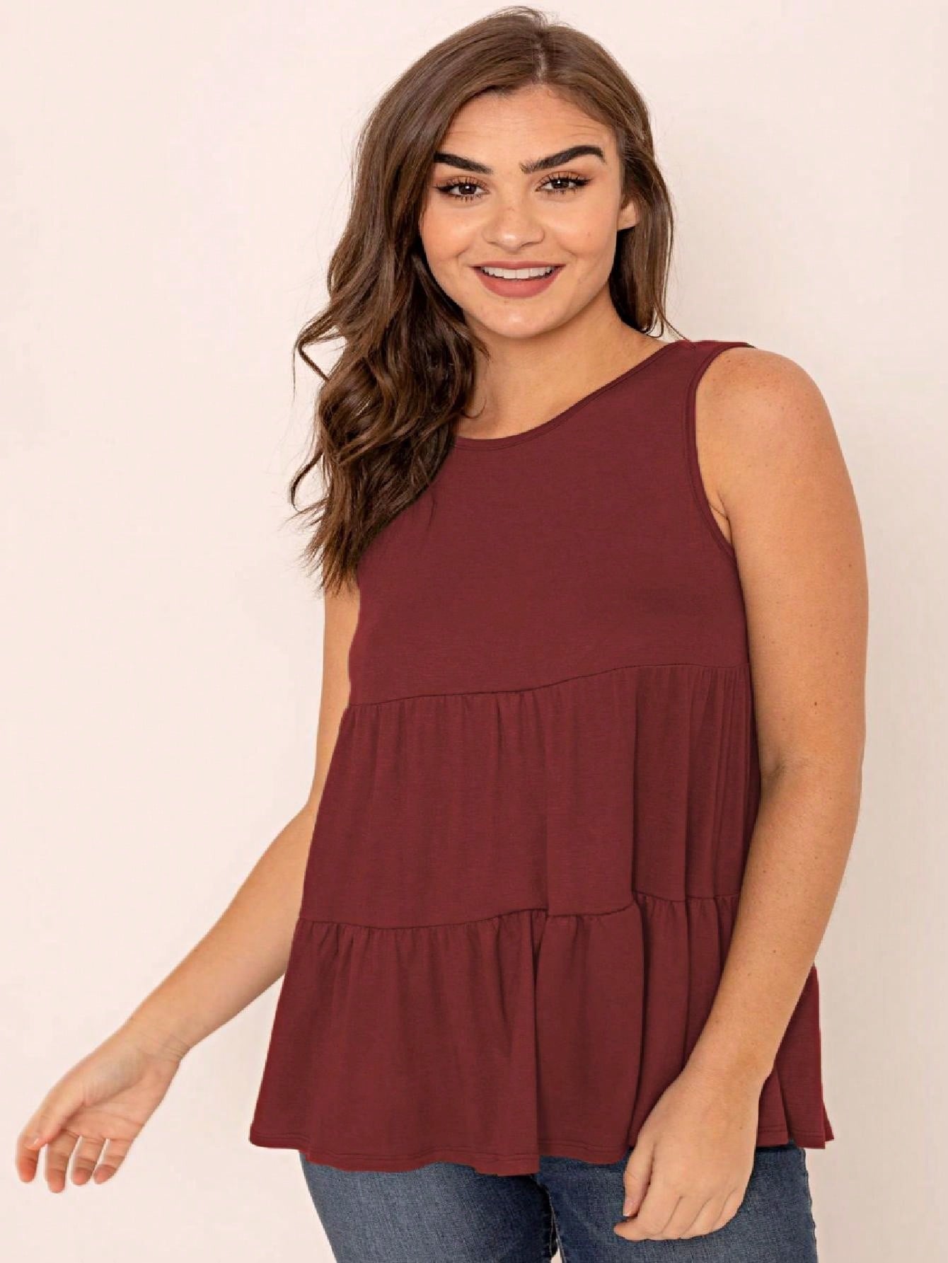 Summer/Spring Solid Green Olive Black Burgundy Charcoal Navy Tiered Top Blouse Tunic Small To 3 XL Plus