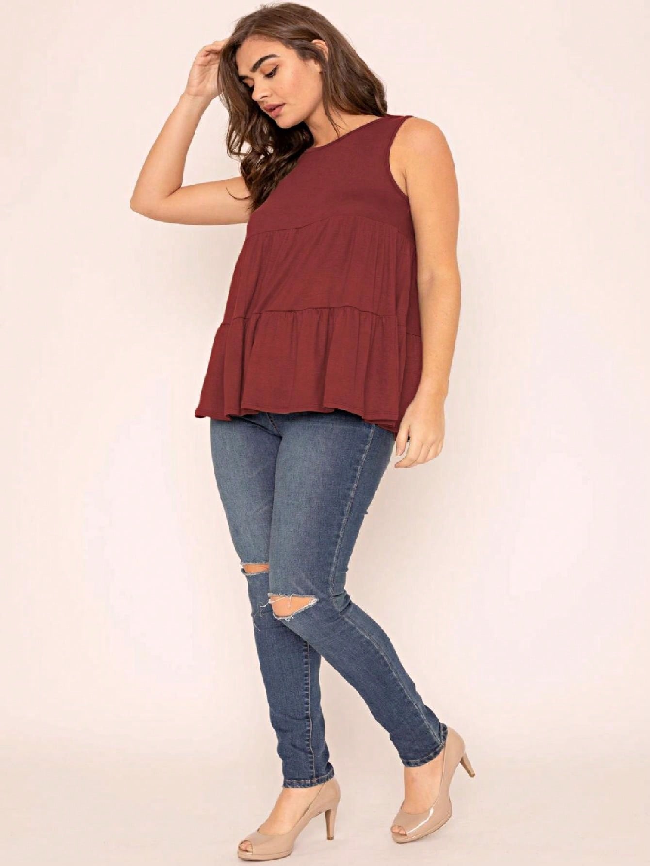Summer/Spring Solid Green Olive Black Burgundy Charcoal Navy Tiered Top Blouse Tunic Small To 3 XL Plus