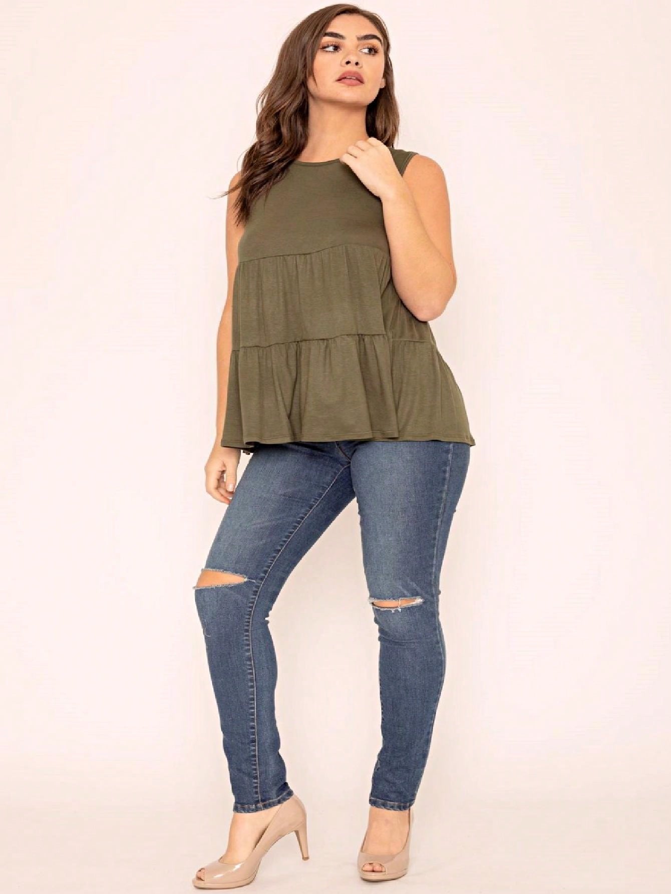 Summer/Spring Solid Green Olive Black Burgundy Charcoal Navy Tiered Top Blouse Tunic Small To 3 XL Plus