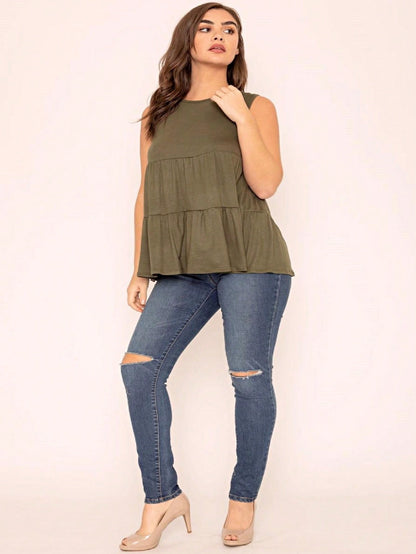 Summer/Spring Solid Green Olive Black Burgundy Charcoal Navy Tiered Top Blouse Tunic Small To 3 XL Plus
