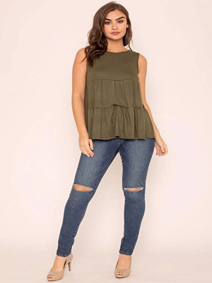 Summer/Spring Solid Green Olive Black Burgundy Charcoal Navy Tiered Top Blouse Tunic Small To 3 XL Plus