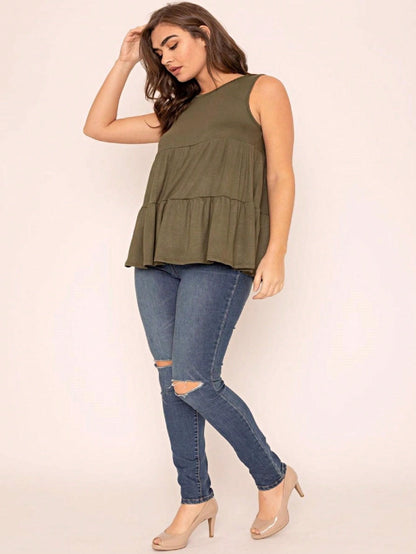 Summer/Spring Solid Green Olive Black Burgundy Charcoal Navy Tiered Top Blouse Tunic Small To 3 XL Plus