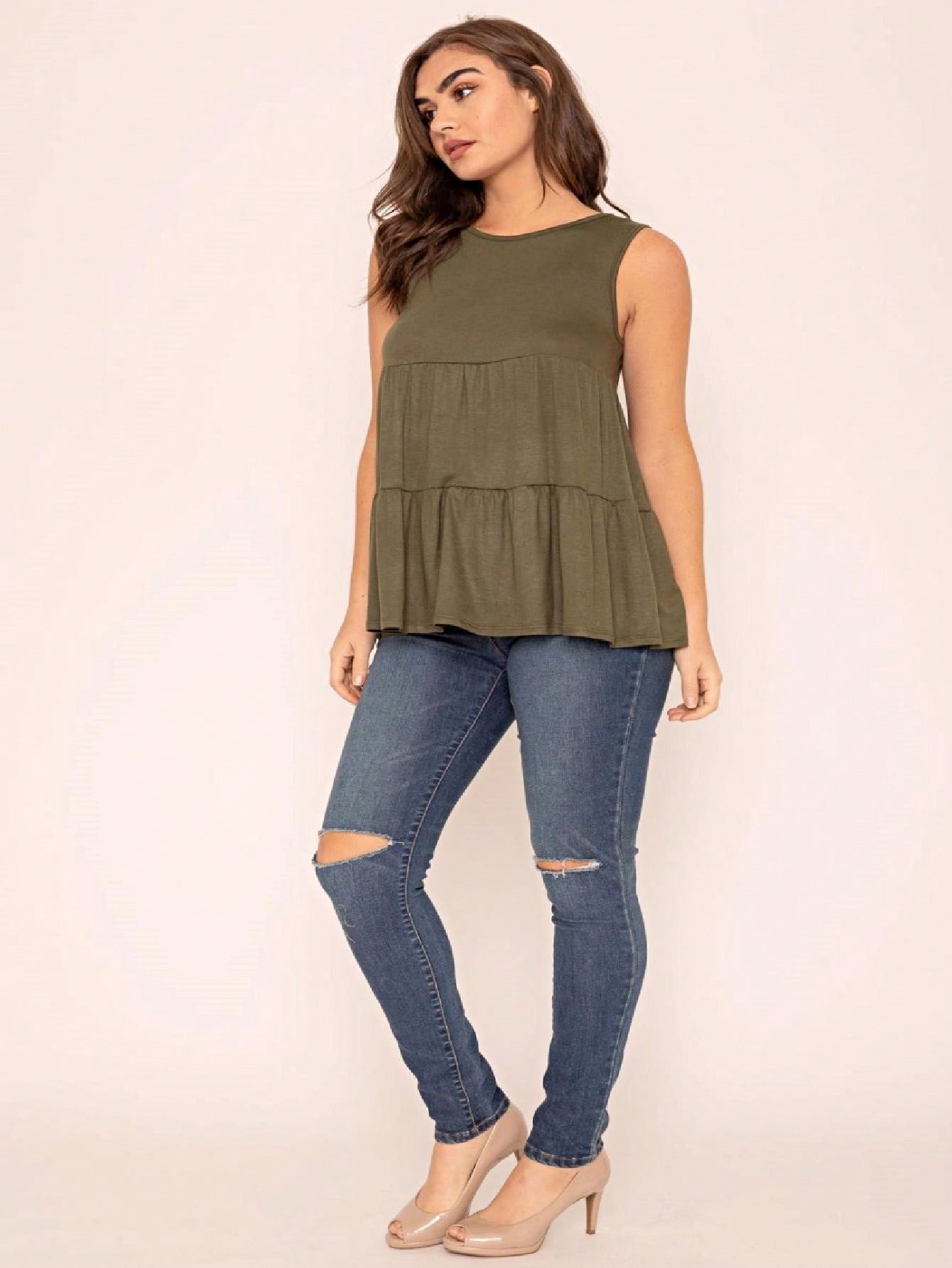 Summer/Spring Solid Green Olive Black Burgundy Charcoal Navy Tiered Top Blouse Tunic Small To 3 XL Plus
