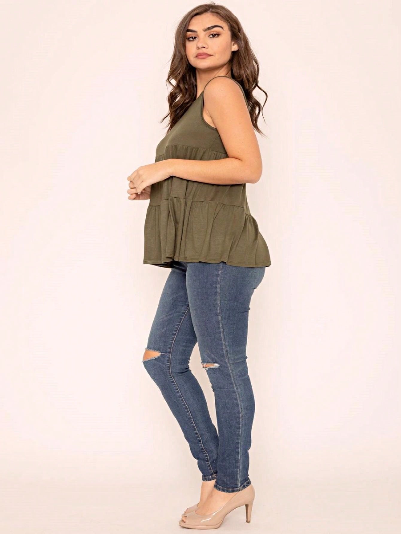 Summer/Spring Solid Green Olive Black Burgundy Charcoal Navy Tiered Top Blouse Tunic Small To 3 XL Plus