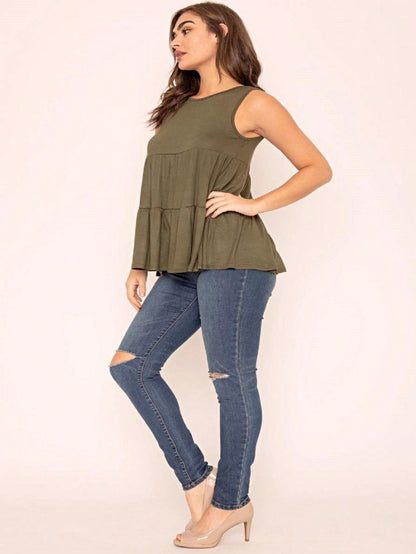 Summer/Spring Solid Green Olive Black Burgundy Charcoal Navy Tiered Top Blouse Tunic Small To 3 XL Plus