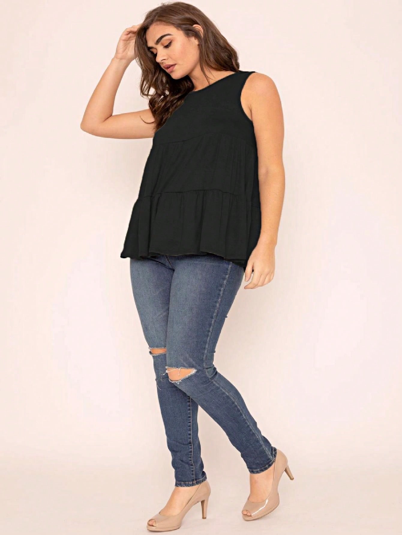 Summer/Spring Solid Green Olive Black Burgundy Charcoal Navy Tiered Top Blouse Tunic Small To 3 XL Plus