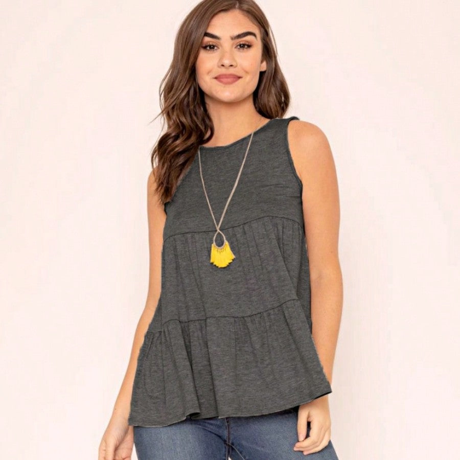 Summer/Spring Solid Green Olive Black Burgundy Charcoal Navy Tiered Top Blouse Tunic Small To 3 XL Plus