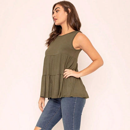 Summer/Spring Solid Green Olive Black Burgundy Charcoal Navy Tiered Top Blouse Tunic Small To 3 XL Plus
