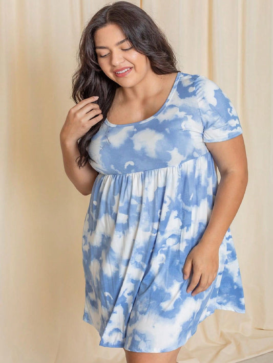 Boho Vintage Empire Waist Marble Water Color Print Y2K Mini Dress Small To 3 XL Plus