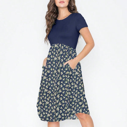 Vintage Boho Summer Fall Pink Navy Mint Floral Shift Swing T Shirt Sleeve Southern Dress | Small-3 XL Plus