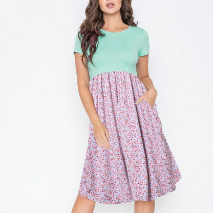 Vintage Boho Summer Fall Pink Navy Mint Floral Shift Swing T Shirt Sleeve Southern Dress | Small-3 XL Plus