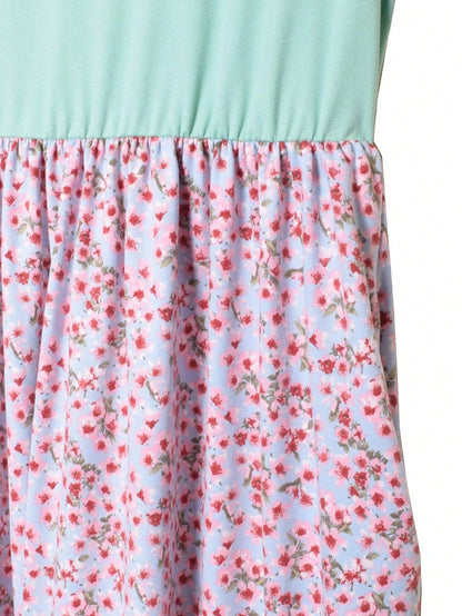 Vintage Boho Summer Fall Pink Navy Mint Floral Shift Swing T Shirt Sleeve Southern Dress | Small-3 XL Plus