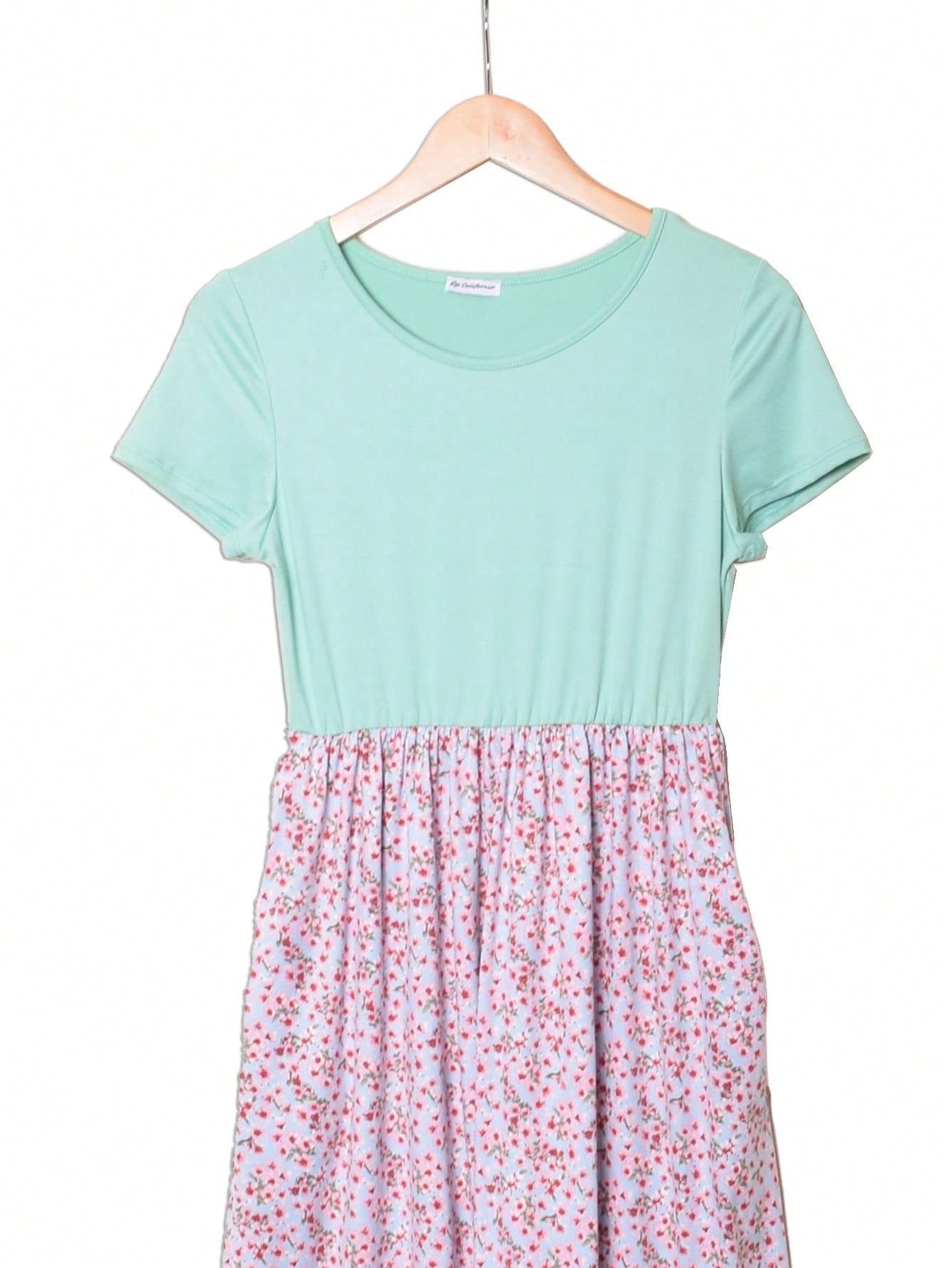 Vintage Boho Summer Fall Pink Navy Mint Floral Shift Swing T Shirt Sleeve Southern Dress | Small-3 XL Plus
