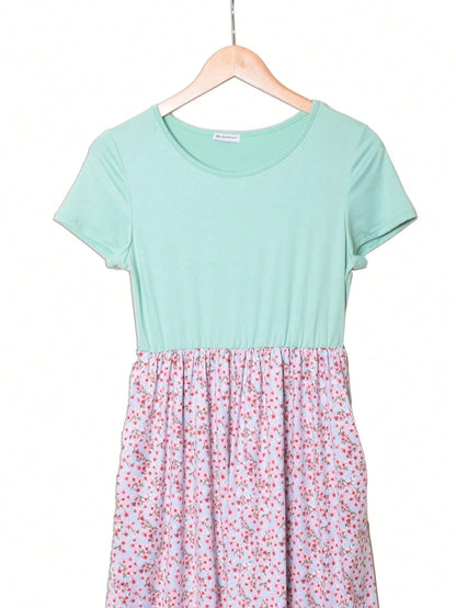 Vintage Boho Summer Fall Pink Navy Mint Floral Shift Swing T Shirt Sleeve Southern Dress | Small-3 XL Plus